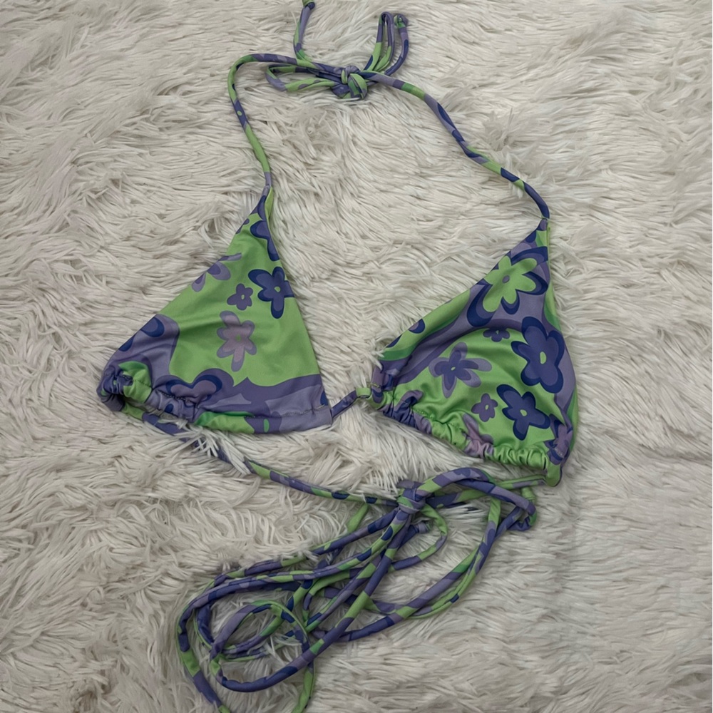Bershka Floral Green and Purple Bikini Top